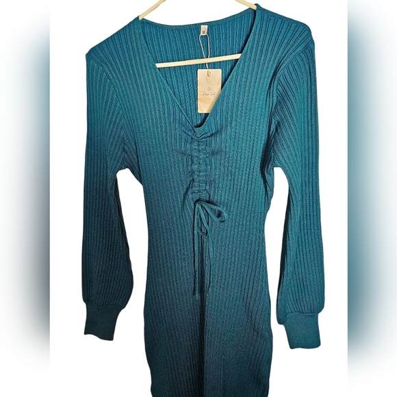 Deep Self Teal Blue Ribbed Knit Ruched Front Long Sleeve V-Neck Sweater Dress-M - Picture 3 of 7